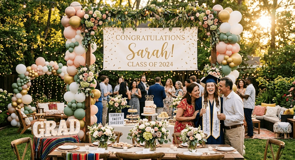 Beautiful DIY graduation party decorations featuring balloons and floral arrangements. Perfect for a.