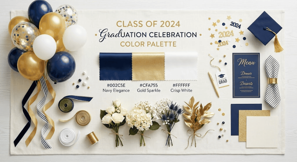 Elegant navy and gold graduation party decorations with balloons, flowers, and themed accessories.