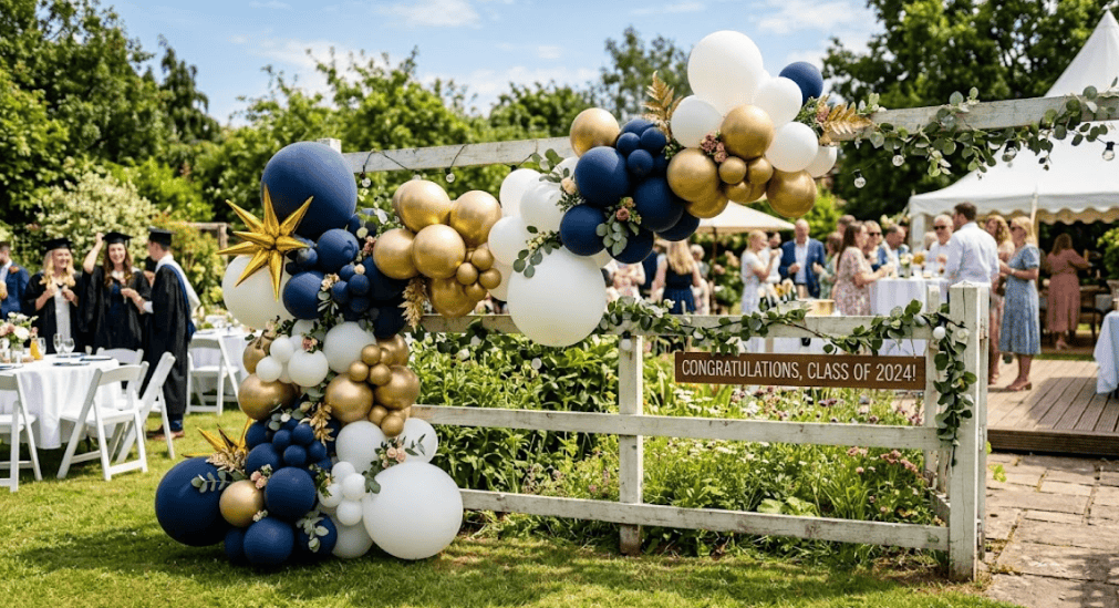 Beautiful navy, gold, and white balloon arch for graduation celebrations.