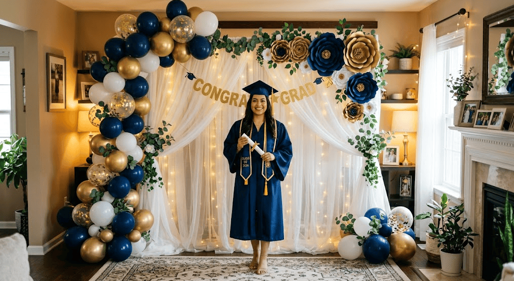 Elegant graduation balloon arch with gold, navy, and white balloons, complemented by floral accents.