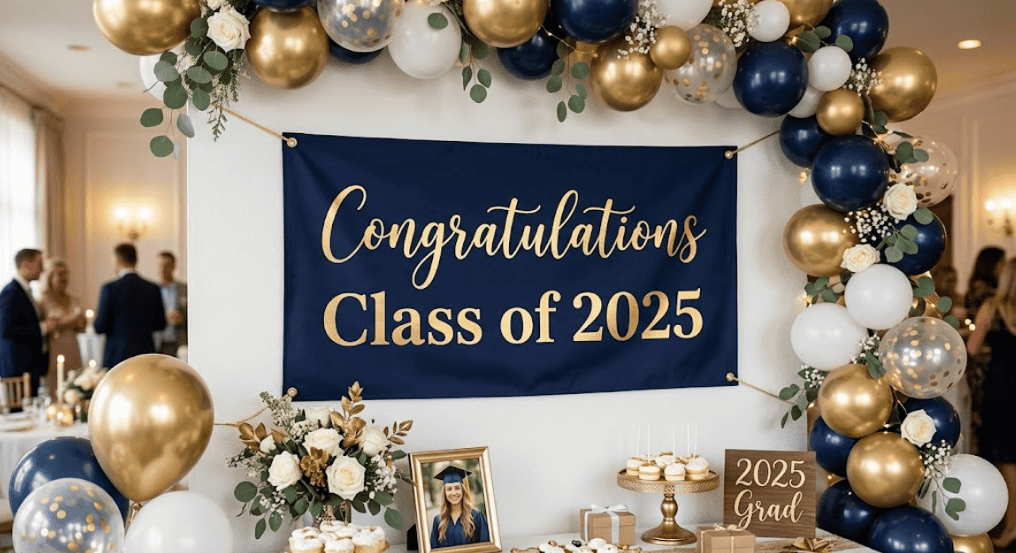 Elegant graduation celebration with balloon arch and personalized banner for Class of 2025.