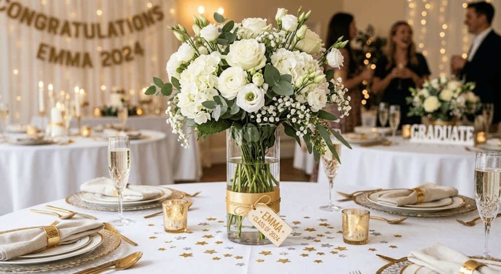 Beautiful white floral centerpiece for graduation party decor.