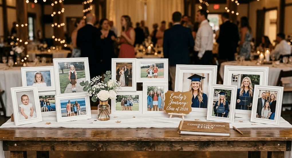 Graduation photo display with framed pictures and floral decor at celebration.