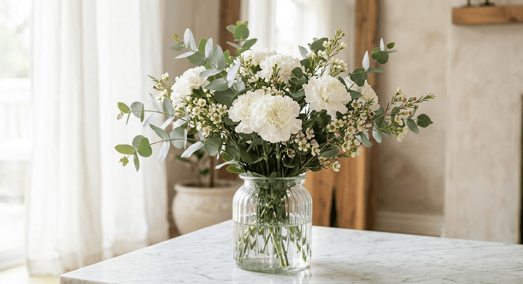 Beautiful white floral centerpiece with greenery for graduation party decor.