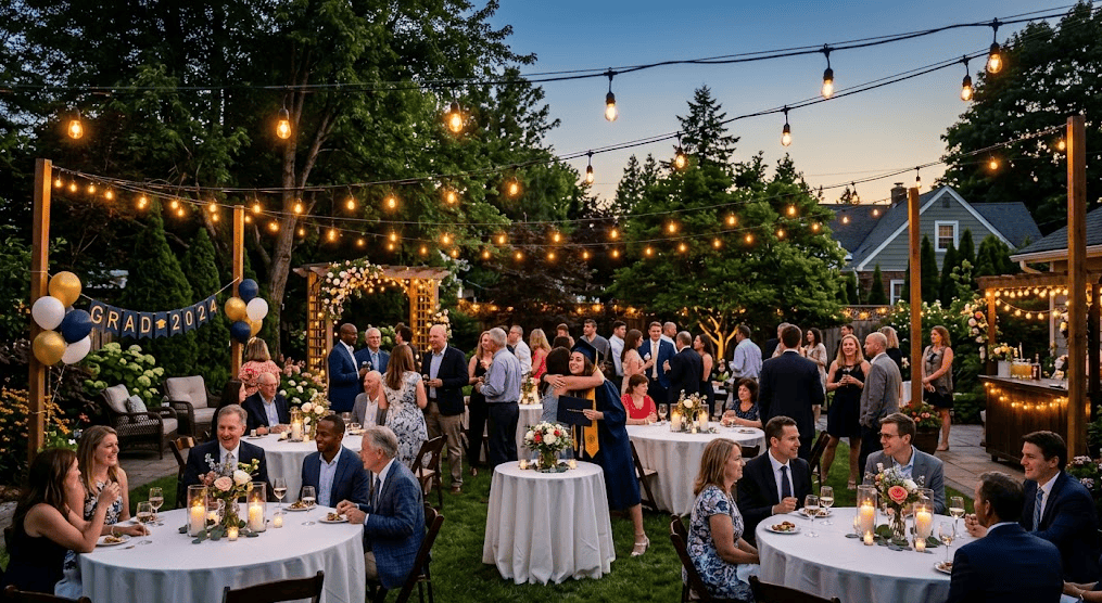 Graduation party decorations with string lights and floral centerpieces for a professional look.