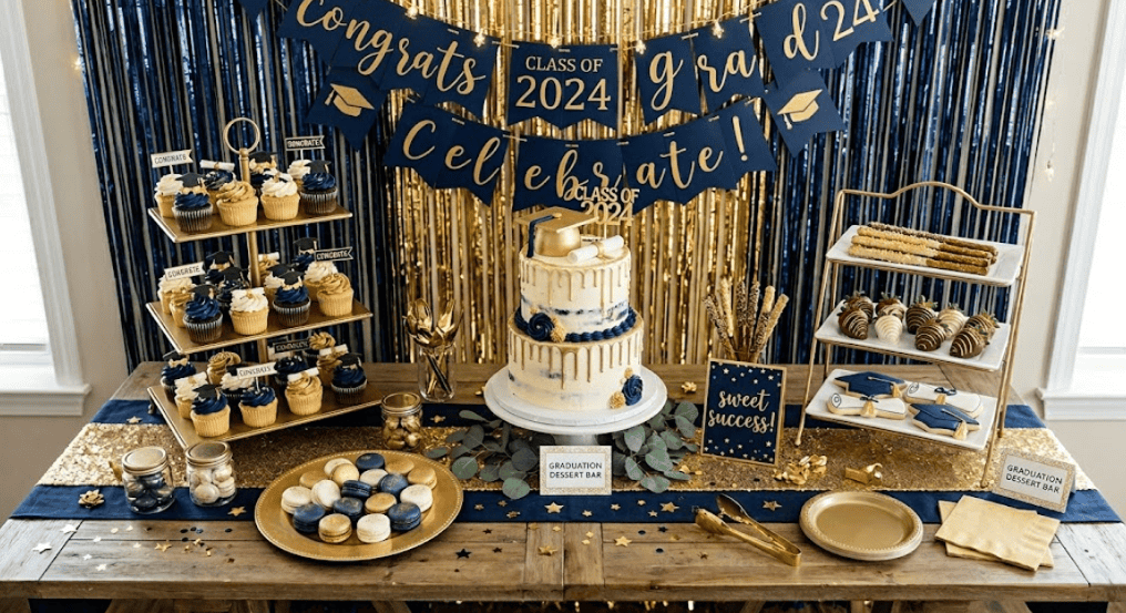 Elegant graduation dessert table with cupcakes, cake, and treats in navy and gold colors. Perfect fo.
