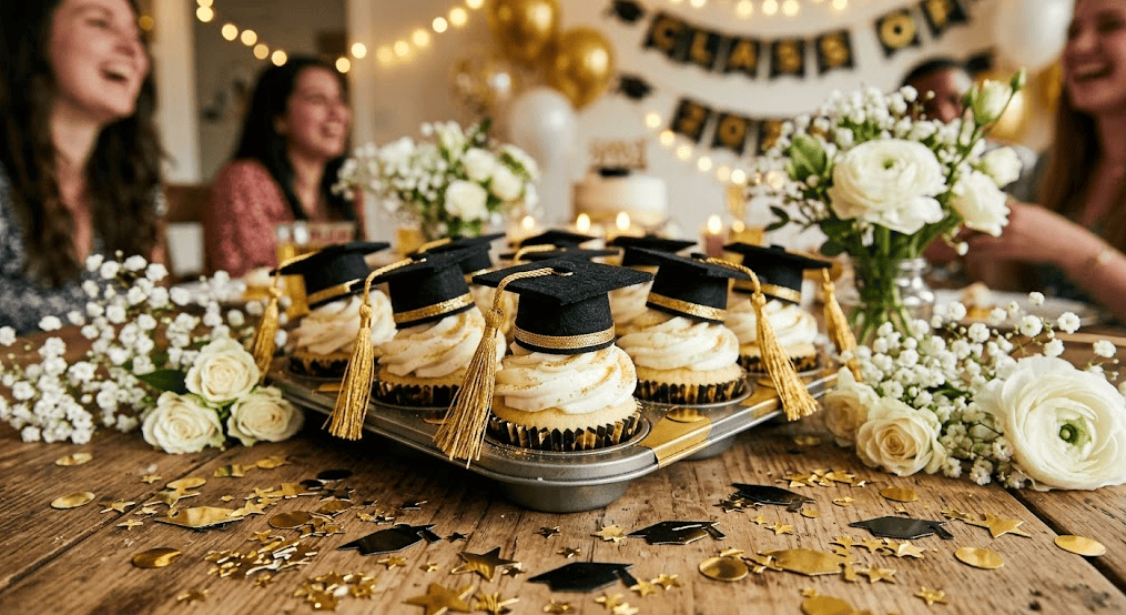 Graduation-themed cupcakes with caps and tassels for celebration.