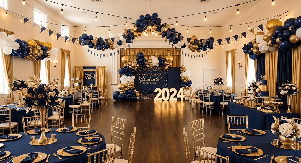 Elegant graduation party setup with navy, gold, and white balloons and floral arrangements.