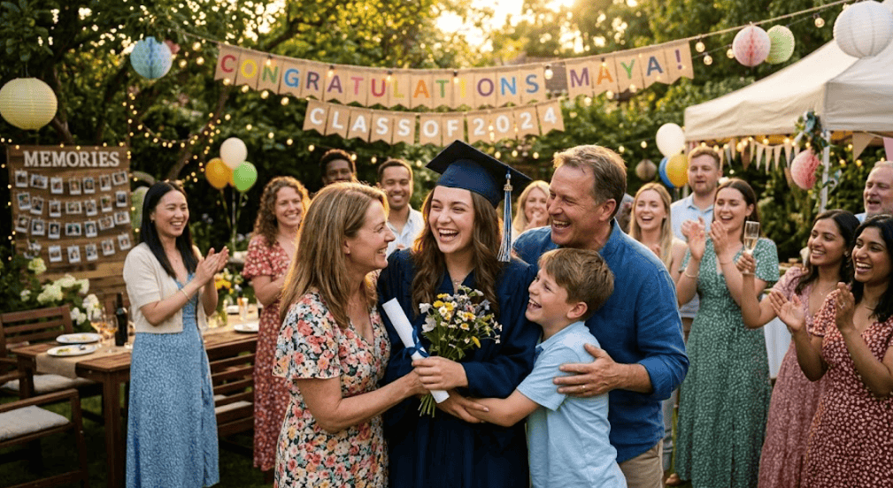 Festive outdoor graduation celebration with colorful banners and decorations.