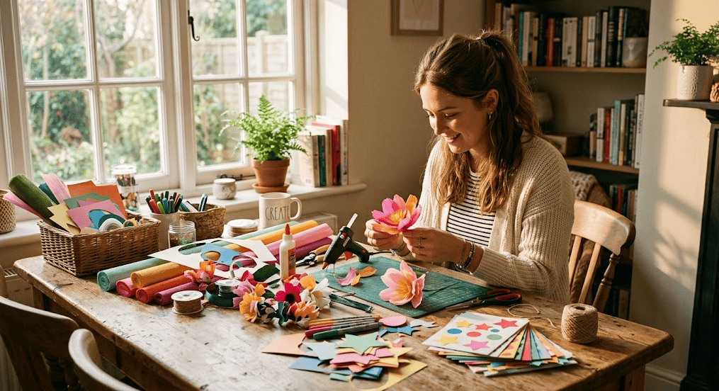 Woman creating DIY graduation party decorations with colorful paper and craft supplies.