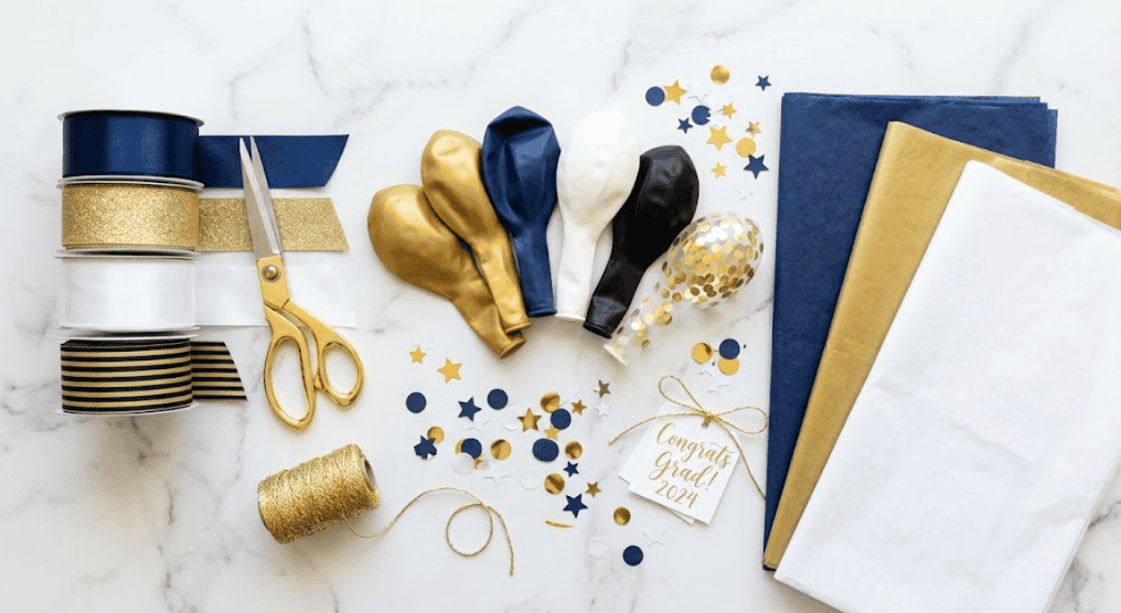 DIY graduation party decorations with balloons, ribbons, and confetti for a professional look.