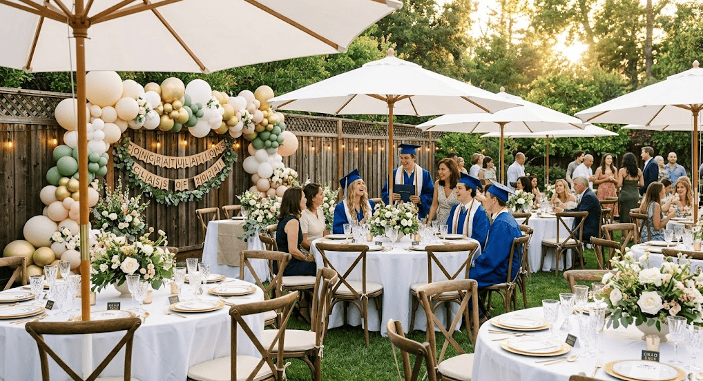 Elegant graduation party setup with balloons, flowers, and tables under umbrellas.