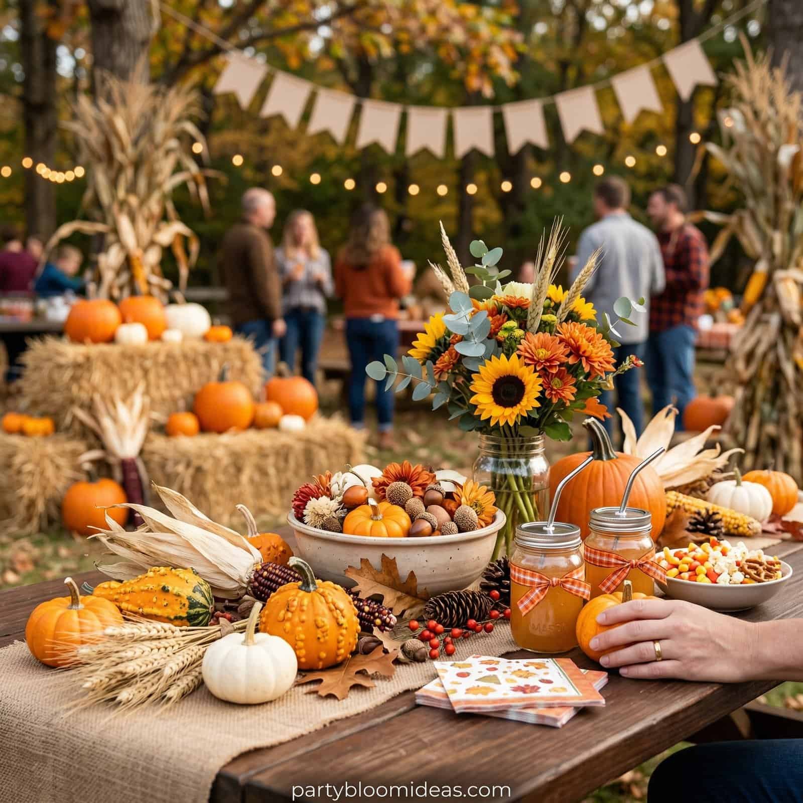 Festive fall pumpkin-themed birthday party table with decorations and treats.