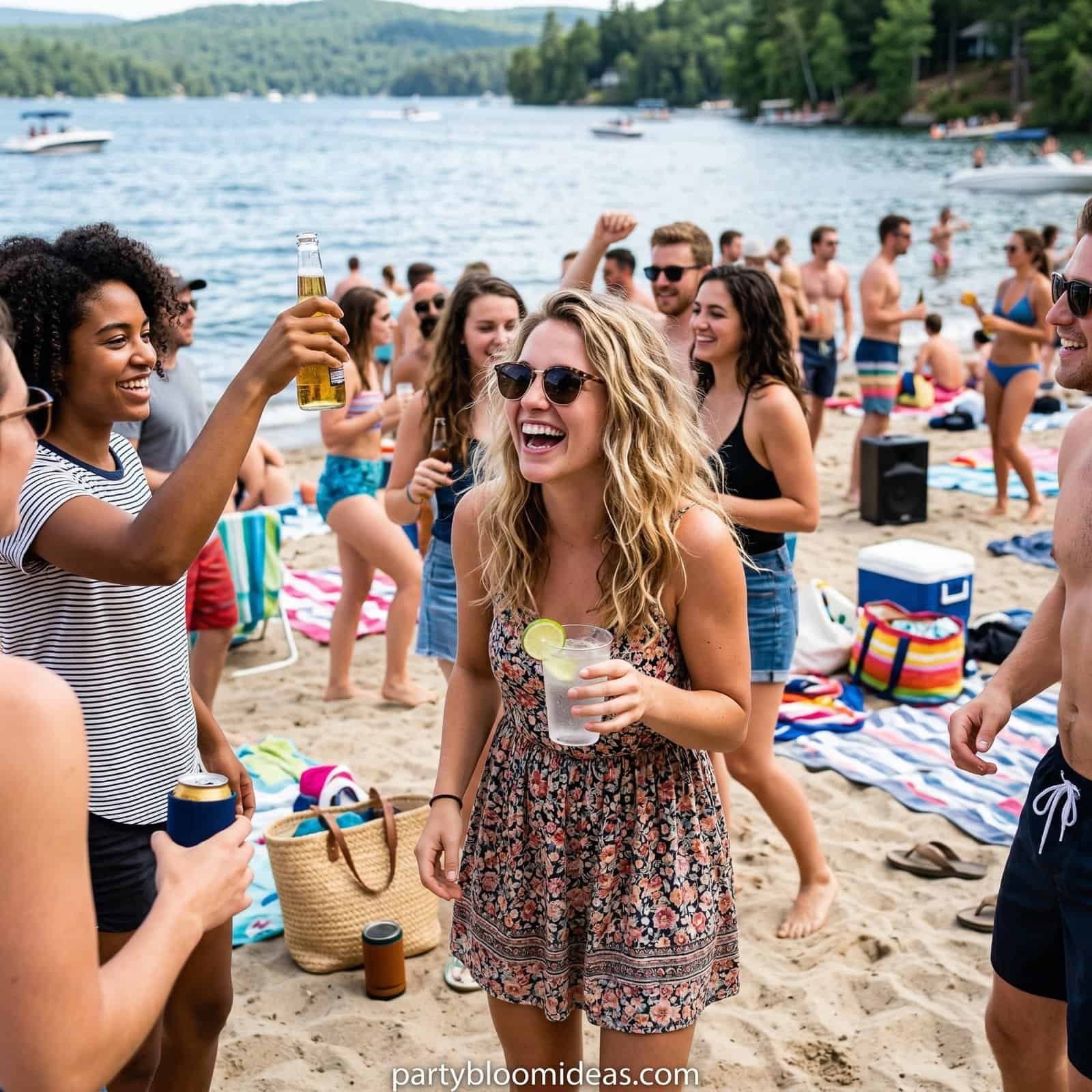 Group of adults enjoying a lively beach party with drinks and dancing.