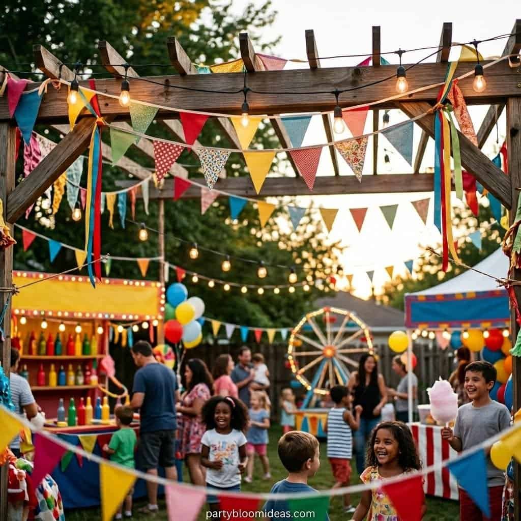 Vibrant summer backyard party scene with children playing, colorful banners, and fun carnival games.