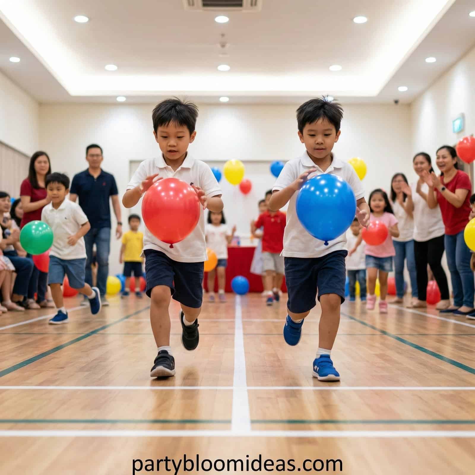 Kids race with balloons at a birthday party.