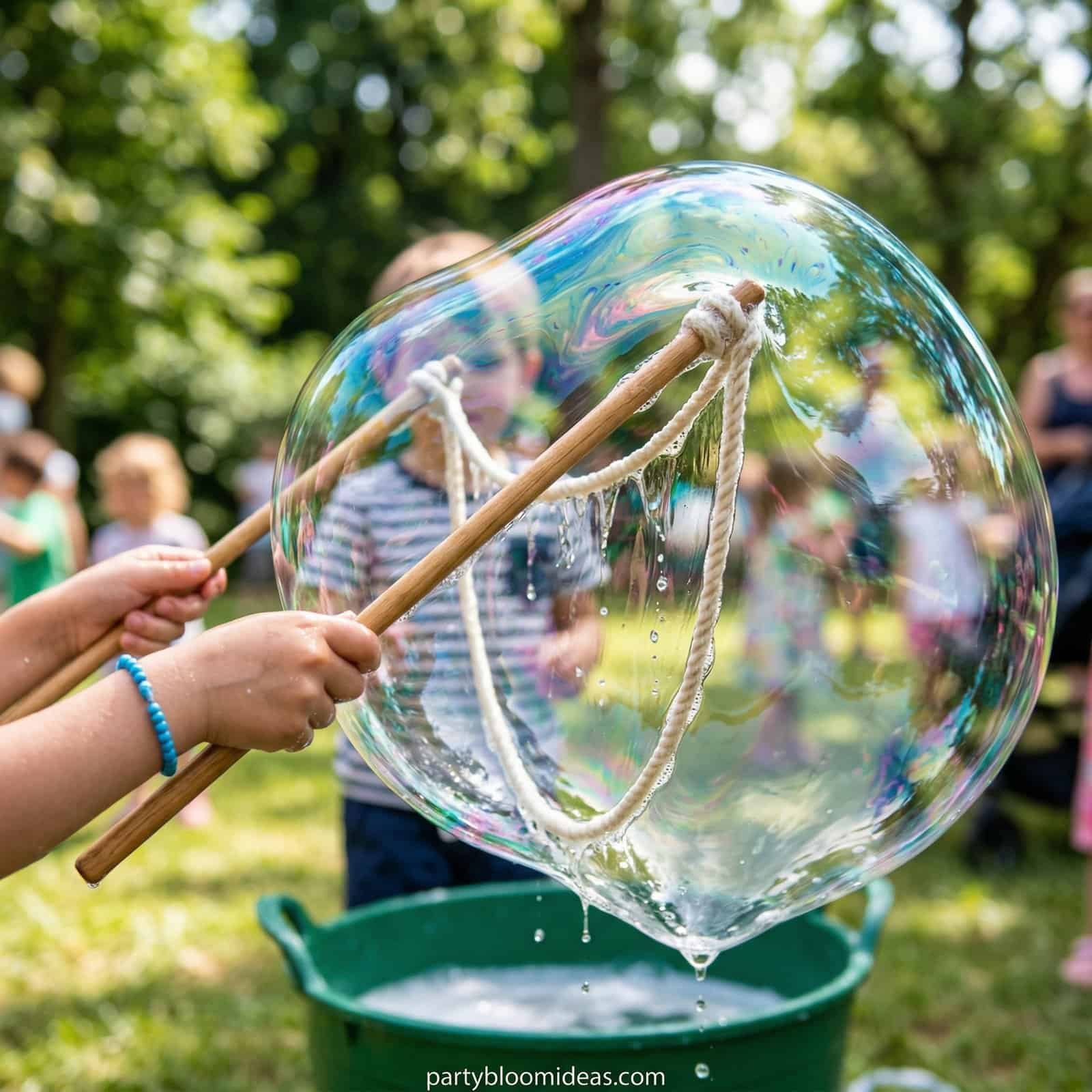 Children blowing giant bubbles at a birthday party.