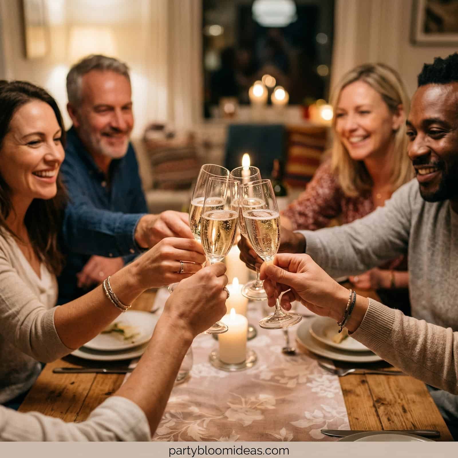 Group of friends celebrating a birthday with champagne toasts at a dinner table.