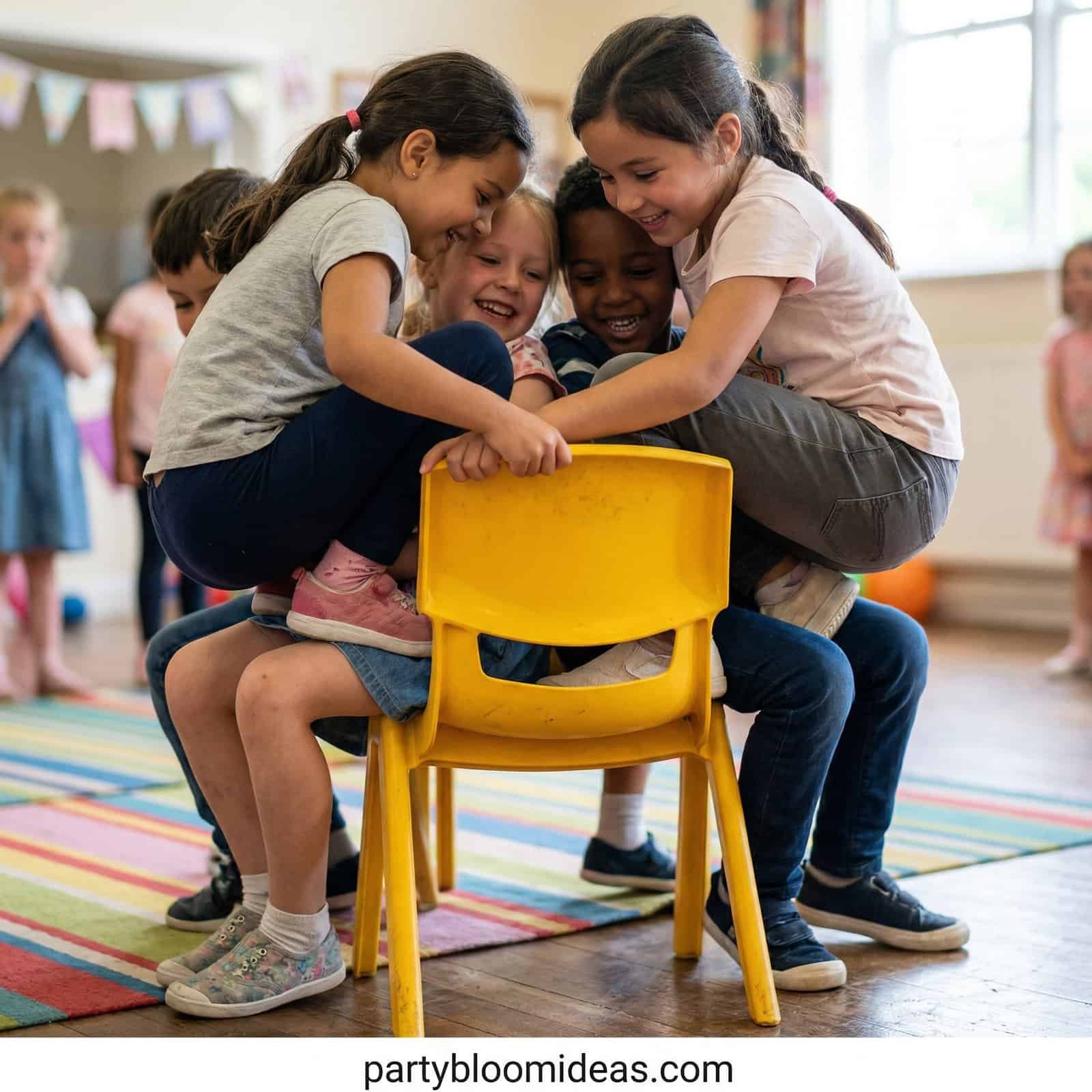 Kids playing fun birthday game with a yellow chair at a children's party.