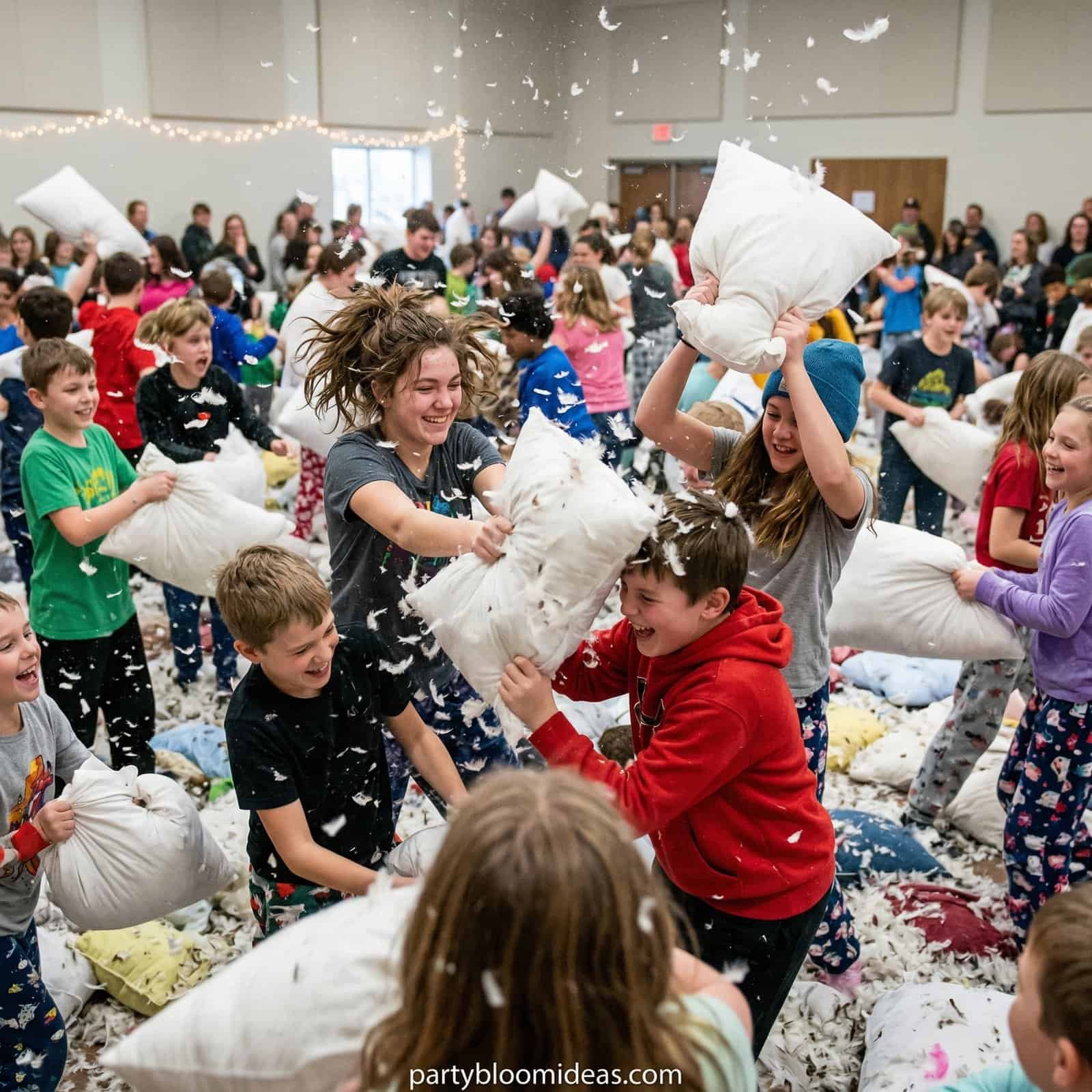 Children having fun with pillow fight at birthday party.