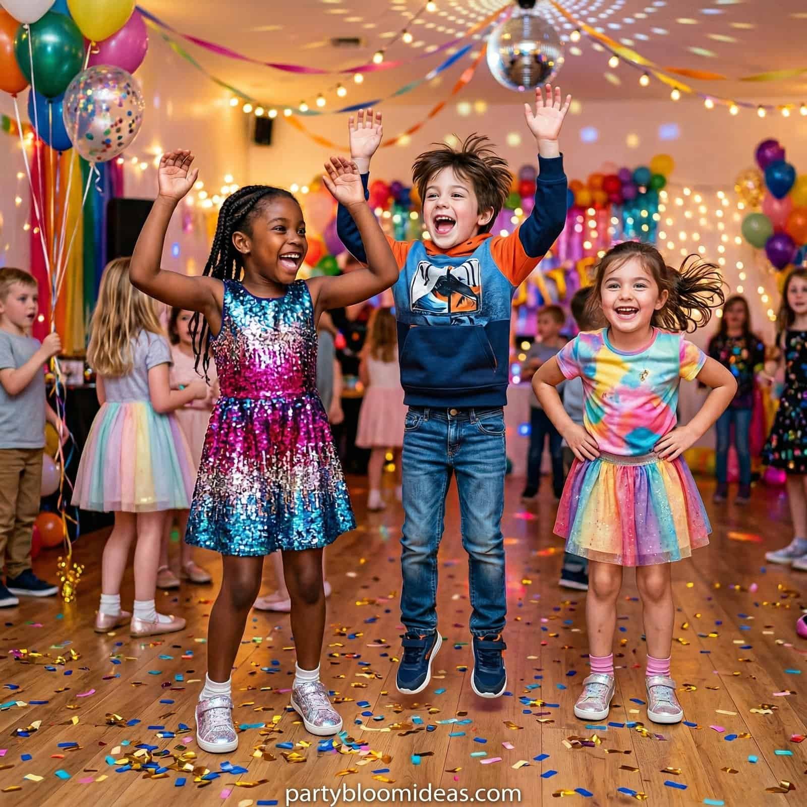 Children celebrating at a colorful birthday party with balloons and confetti.