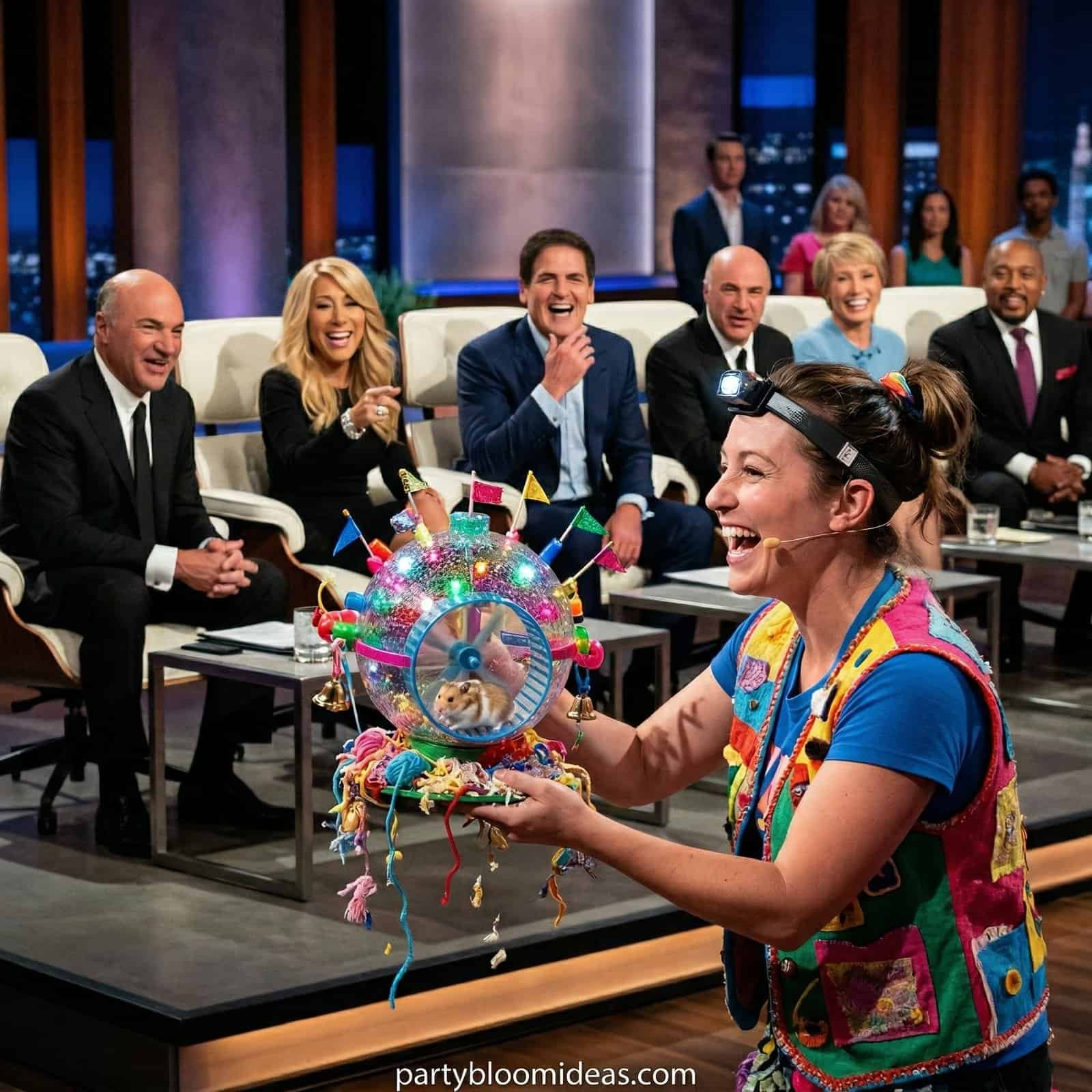 Engaging birthday game for 12-year-olds featuring a woman holding a colorful, illuminated hamster wh.