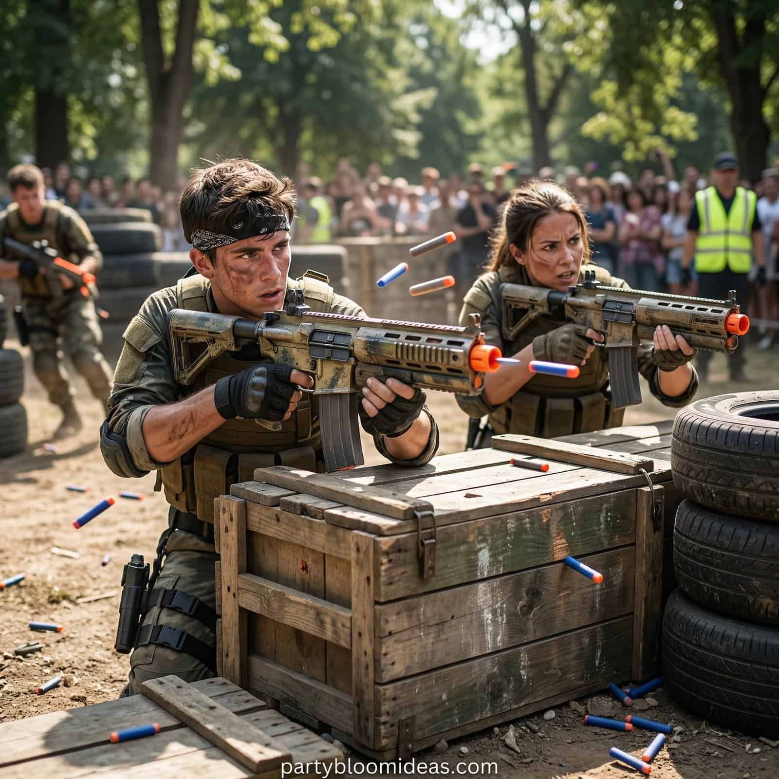 Nerf gun battle game for 12-year-olds at birthday party, featuring kids aiming foam darts in outdoor.