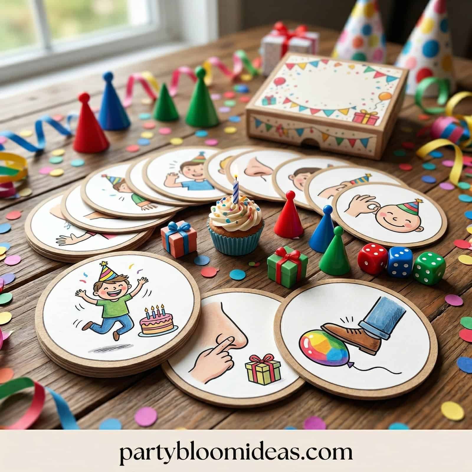 Kids' birthday game cards with fun illustrations for 4-year-olds. Perfect for engaging children in b.