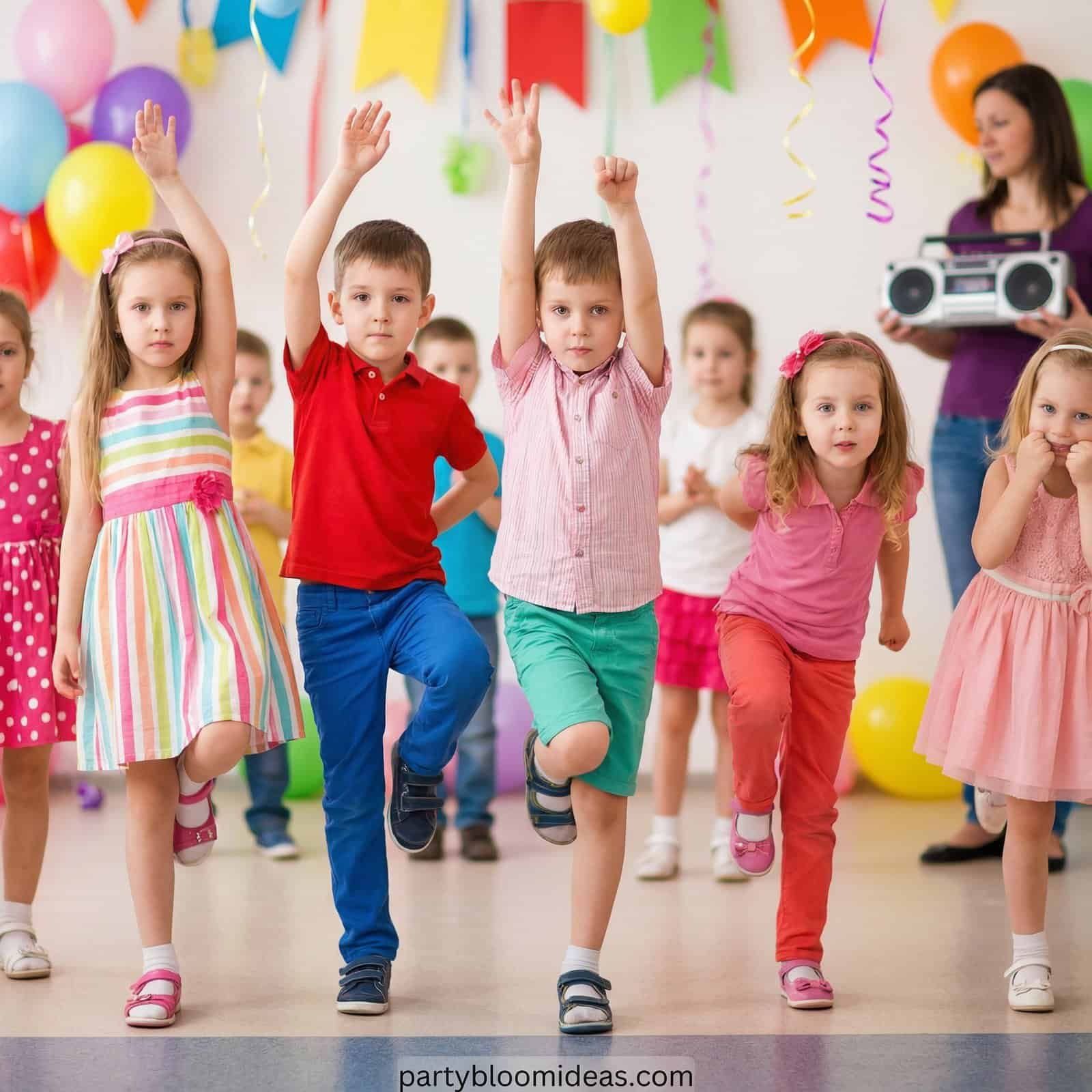 Kids dancing and playing party games at a colorful birthday celebration.