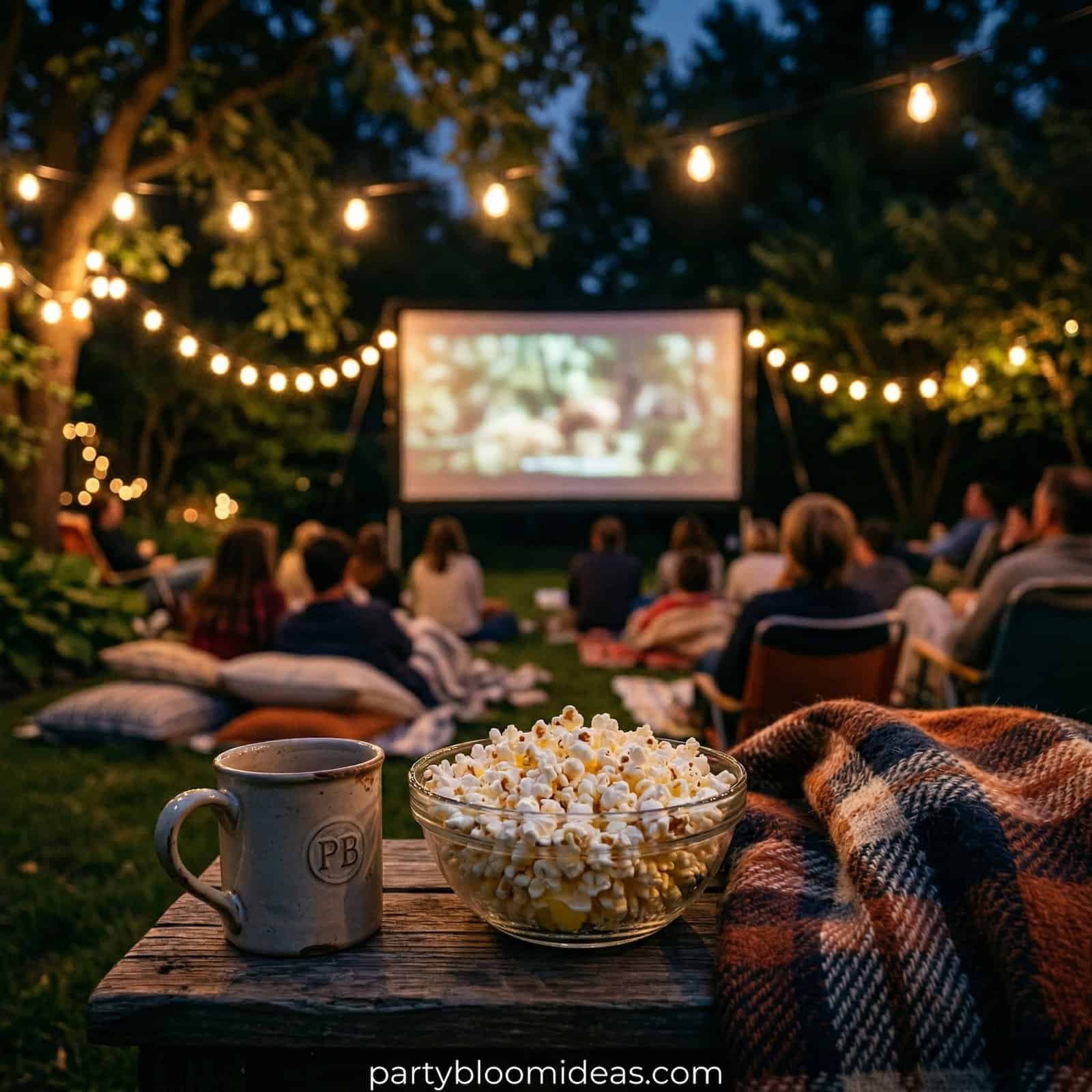 Outdoor movie screening for adults with cozy seating and string lights.