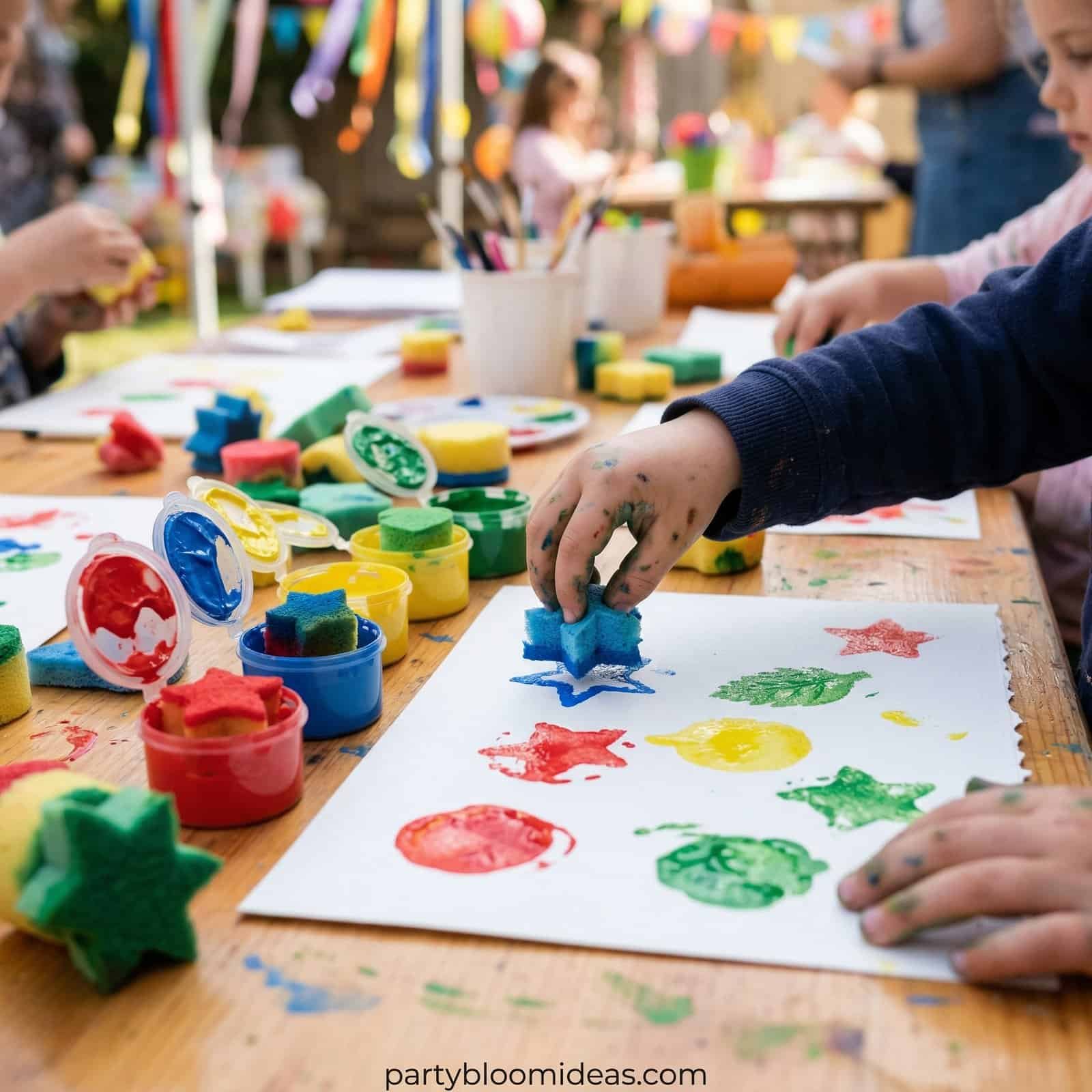 Children painting with colorful stamps at a birthday party for 4-year-olds.