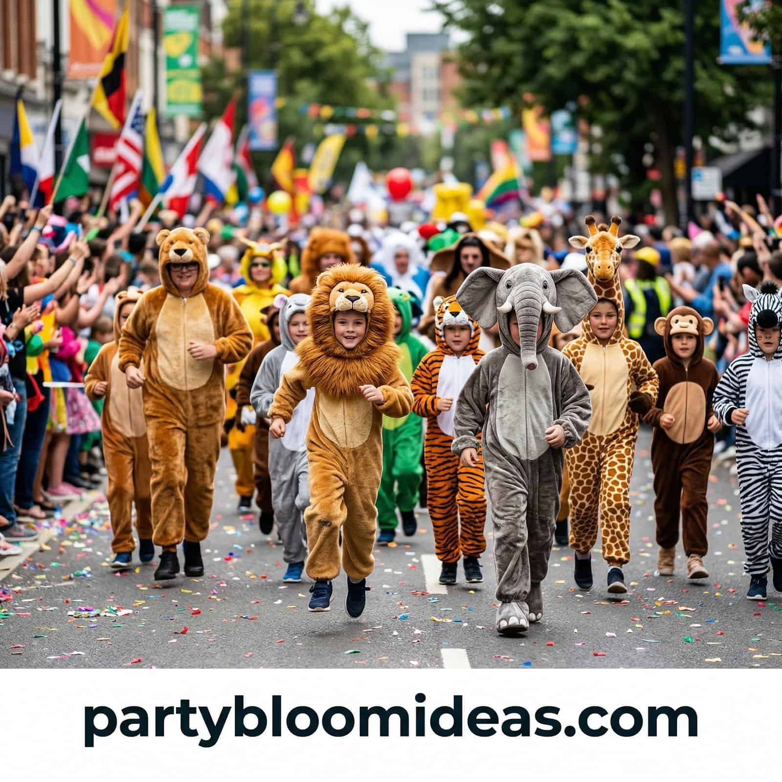 Kids in animal costumes participating in a birthday parade celebration.