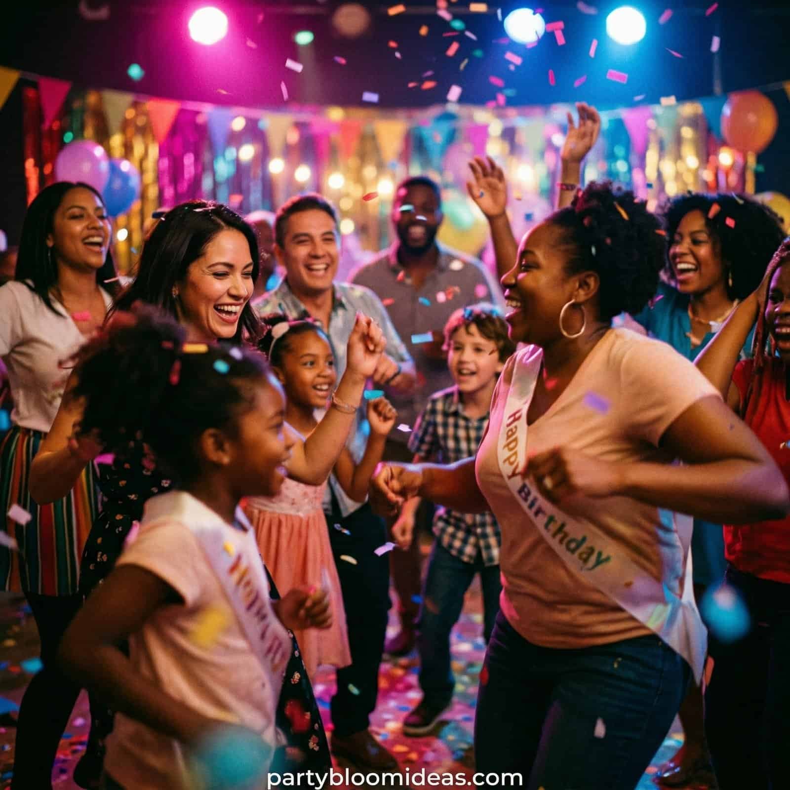 Kids celebrating at a 4th birthday party with colorful decorations and dancing.