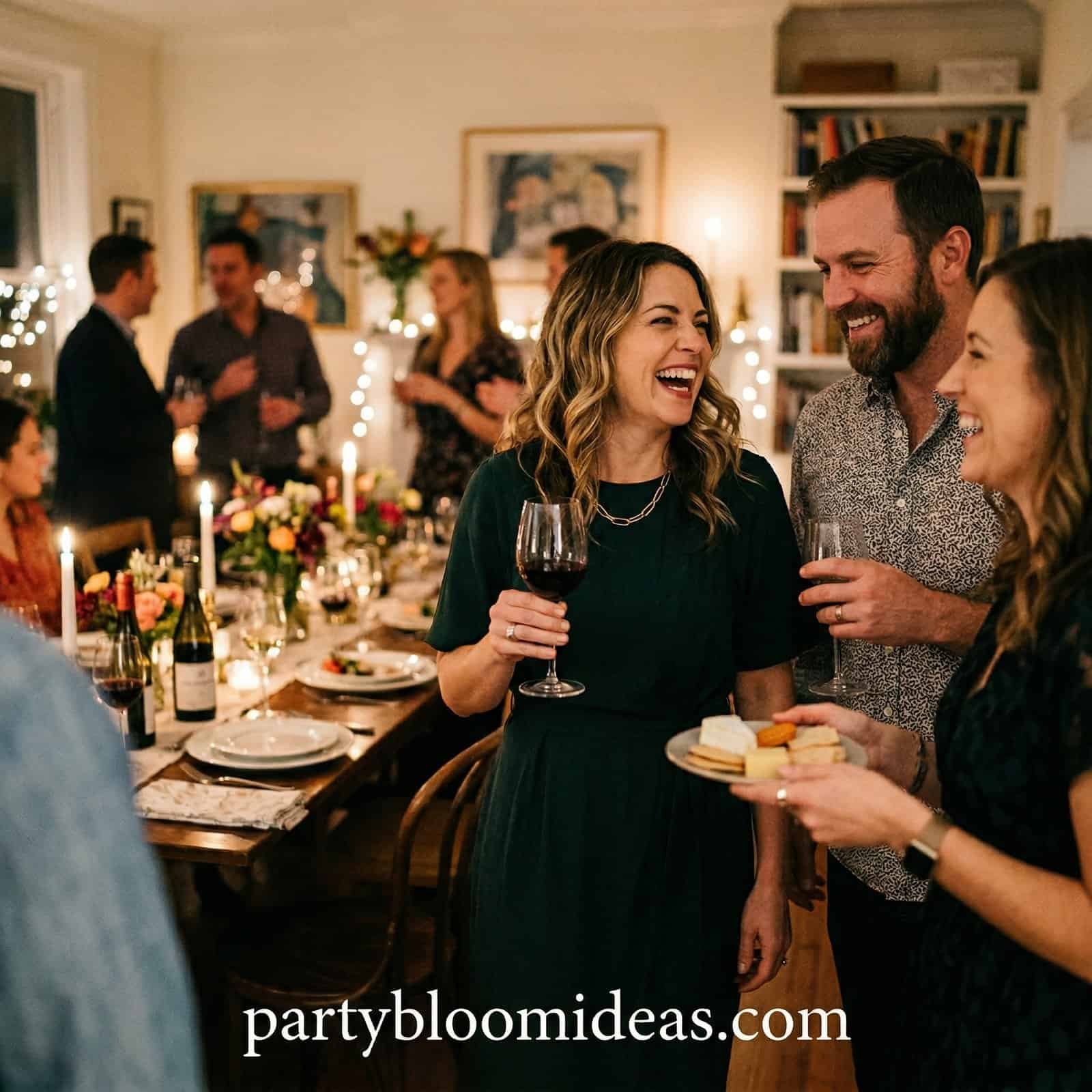 Adults enjoying birthday party with wine and snacks in a cozy home setting.