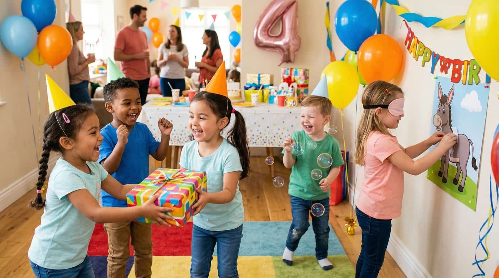 Fun birthday games for 4-year-olds at a lively party celebration.