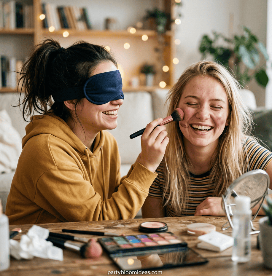 Girls playing fun birthday game with makeup at a party.