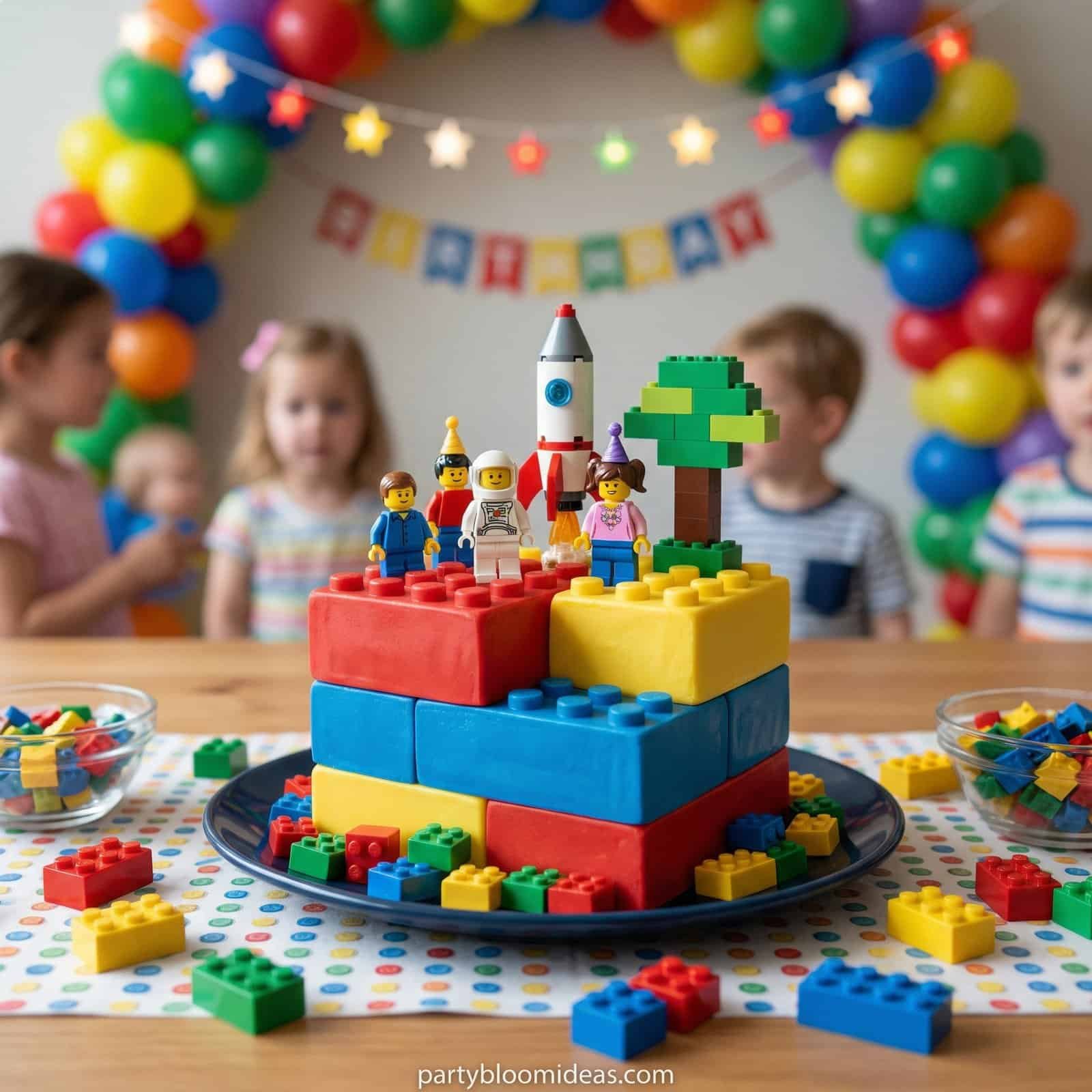 Colorful LEGO-style building blocks birthday cake with kids in background.