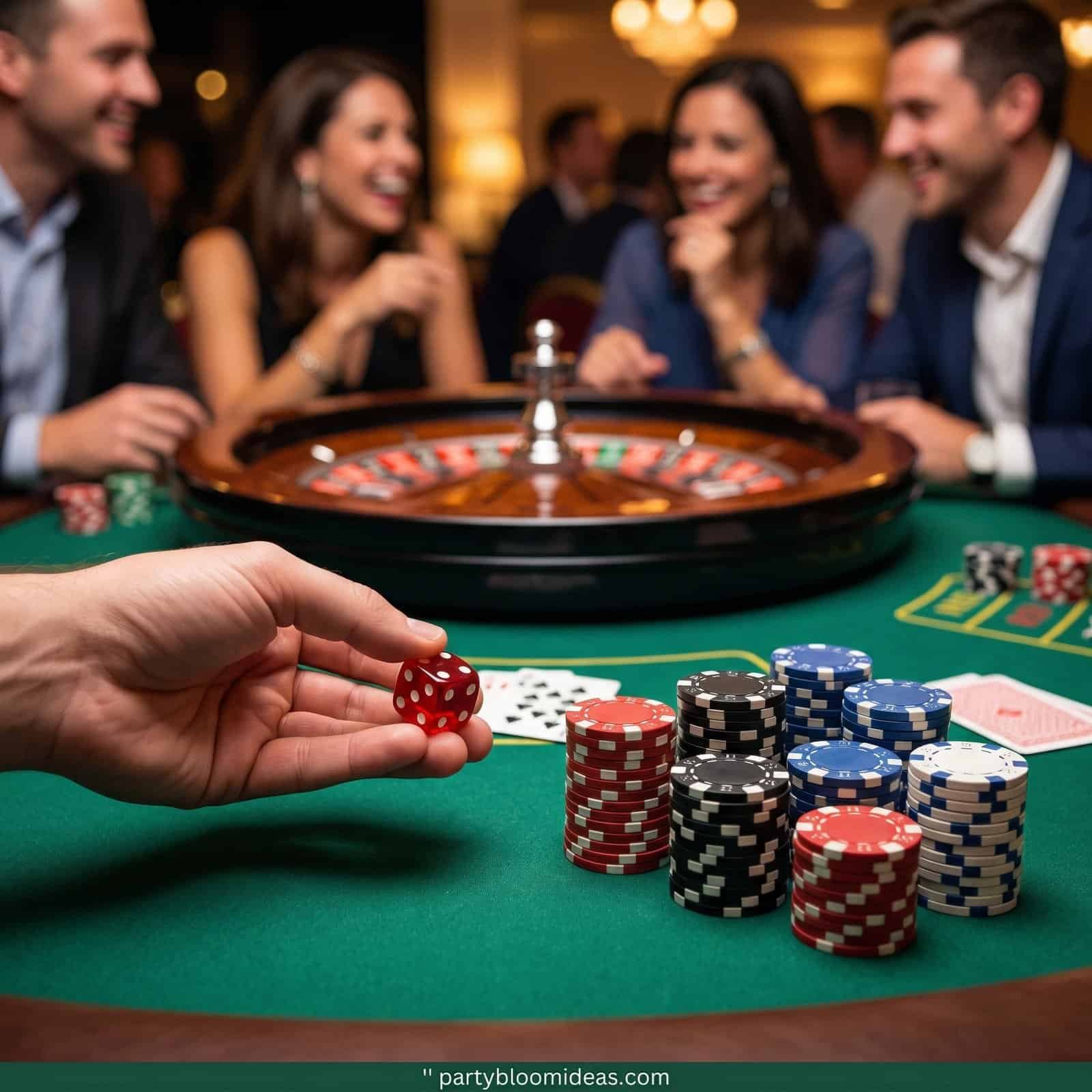Adults playing casino games at a birthday party with poker chips and roulette table.