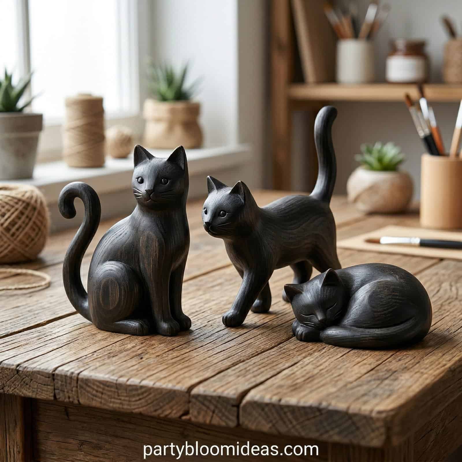 Handcrafted black cat wood sculptures for Halloween decorations and craft fairs.
