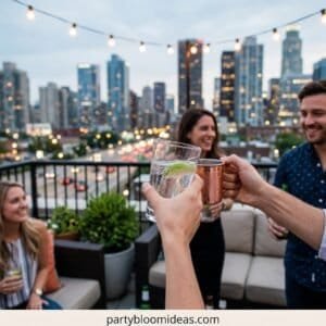 Friends toasting drinks at a rooftop birthday party with city skyline background.