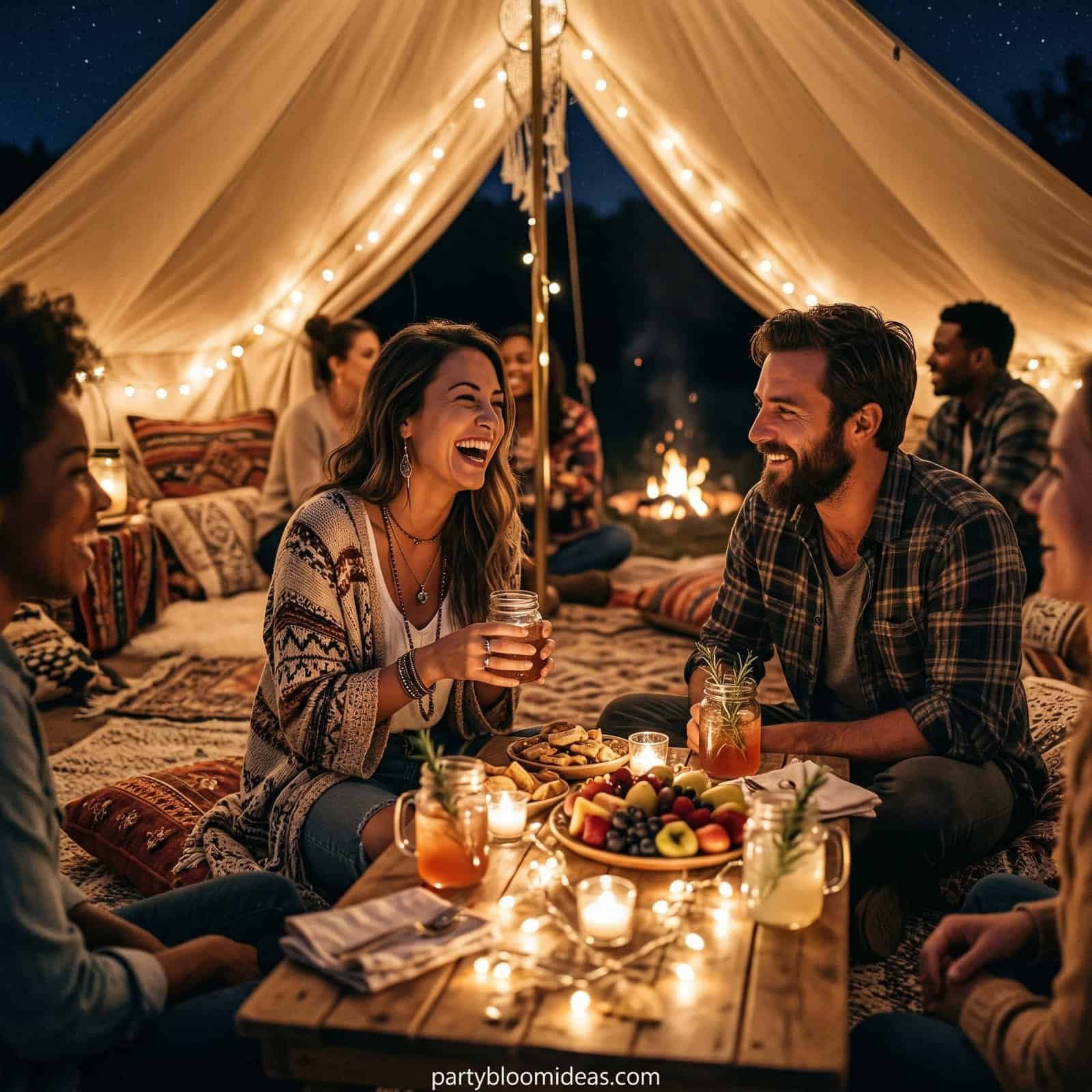 Adults enjoying a cozy birthday party under a tent with string lights and snacks.