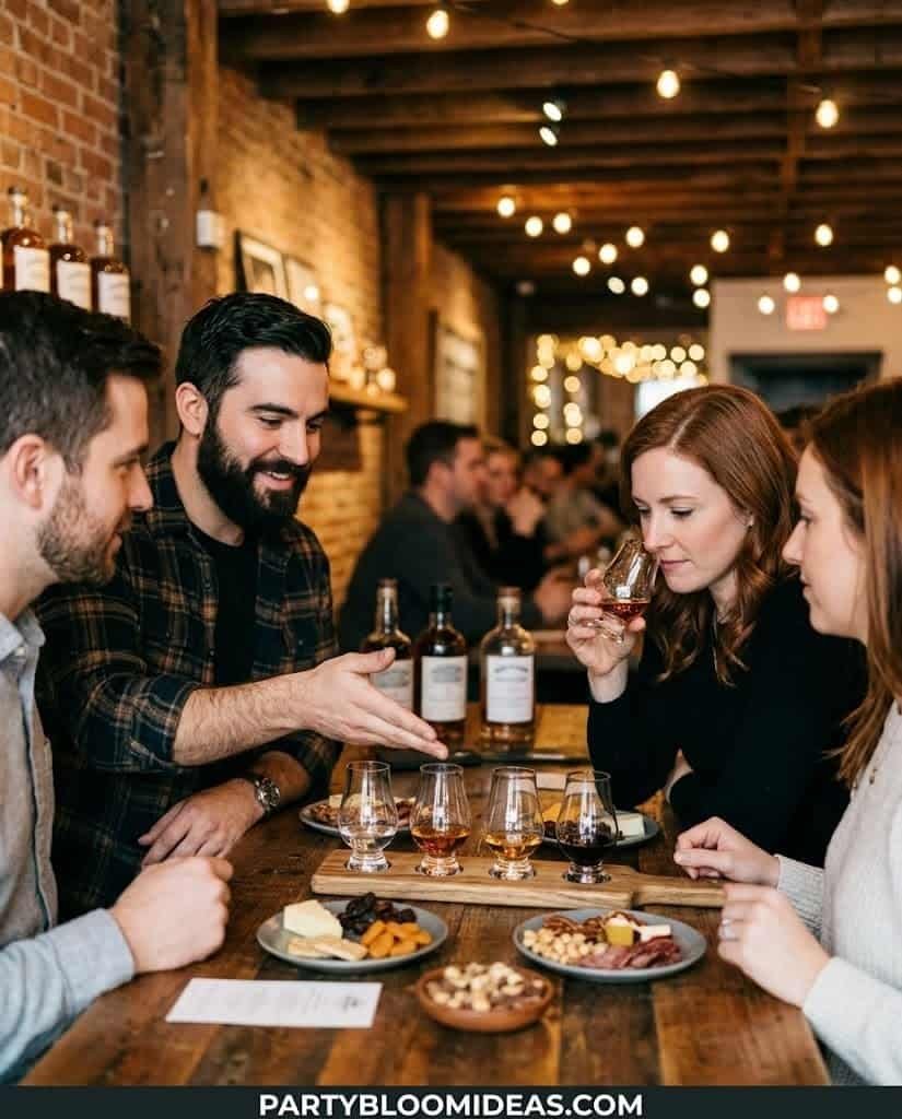 Group of friends enjoying drinks and snacks at a cozy bar for Fatherβs Day celebration.