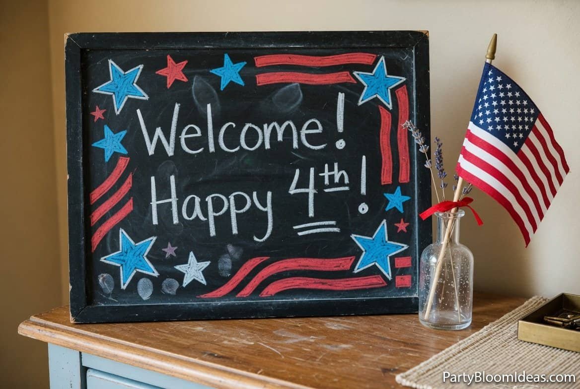 Welcome! Happy 4th! patriotic chalkboard with stars and stripes.
