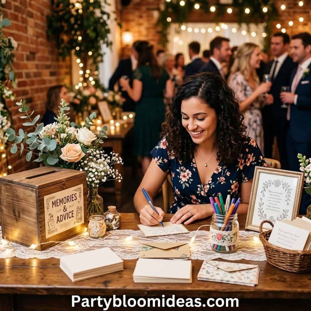 Woman signing guest book at graduation party with festive decorations and guests in background.