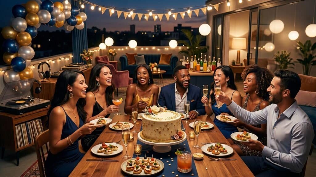 Group of adults celebrating birthday with cake and drinks at a decorated rooftop party.