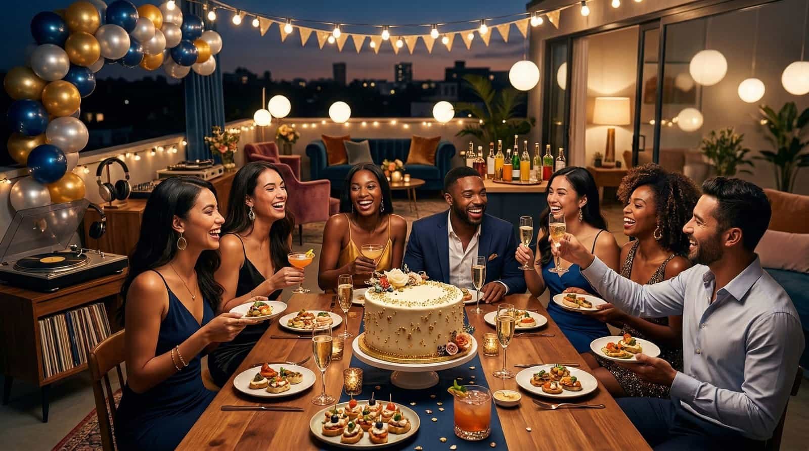 Group of adults celebrating birthday with cake and drinks at a decorated rooftop party.
