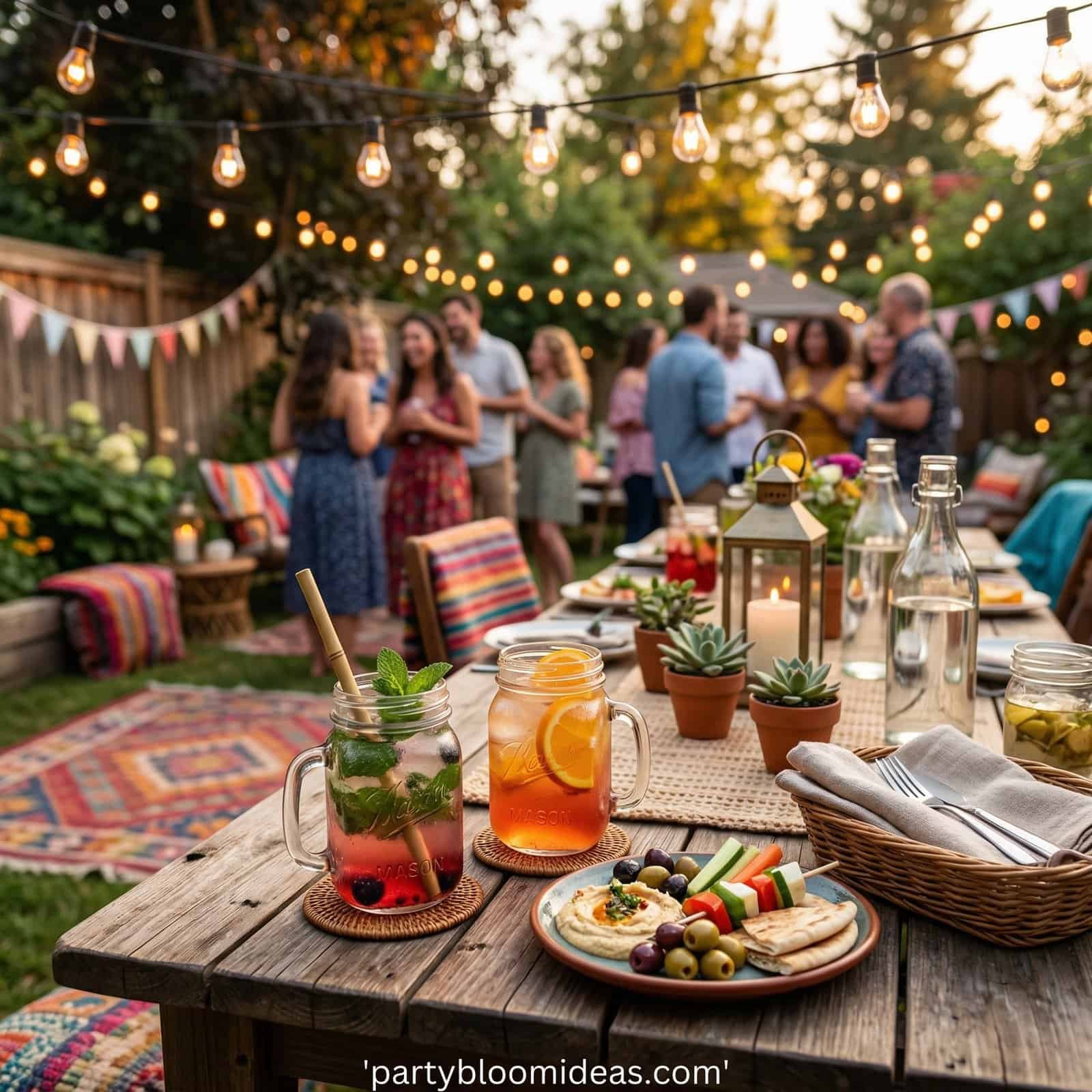 Outdoor adult birthday party with string lights and festive decor for stylish birthday party ideas for adults.