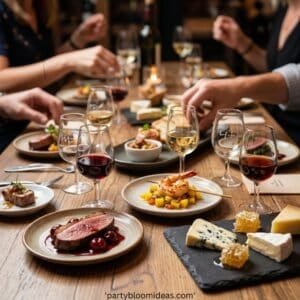Elegant dinner table with wine, cheese, and gourmet dishes for adult birthday celebration.