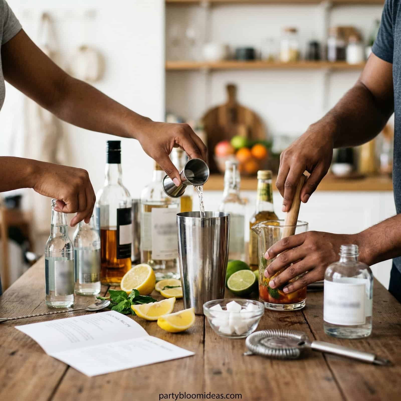 People mixing cocktails for an adult birthday celebration with drinks and ingredients on a wooden ta.
