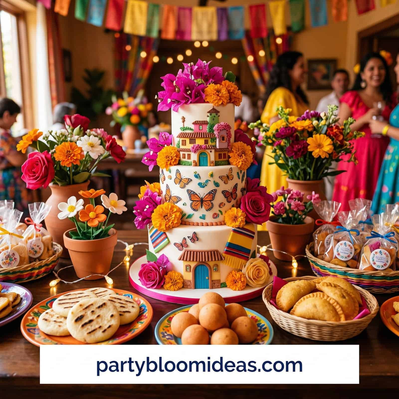 Bright birthday cake with flowers and butterflies for kids' celebration.